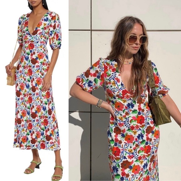 RIXO Floral Print Crepe Short Sleeve V-Neck Tied Cutout Open Back Midi Dress XS - Picture 2 of 16